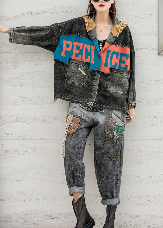 Fitted Denim Patchwork Knit Hooded Pockets Fall Coat Long Sleeve