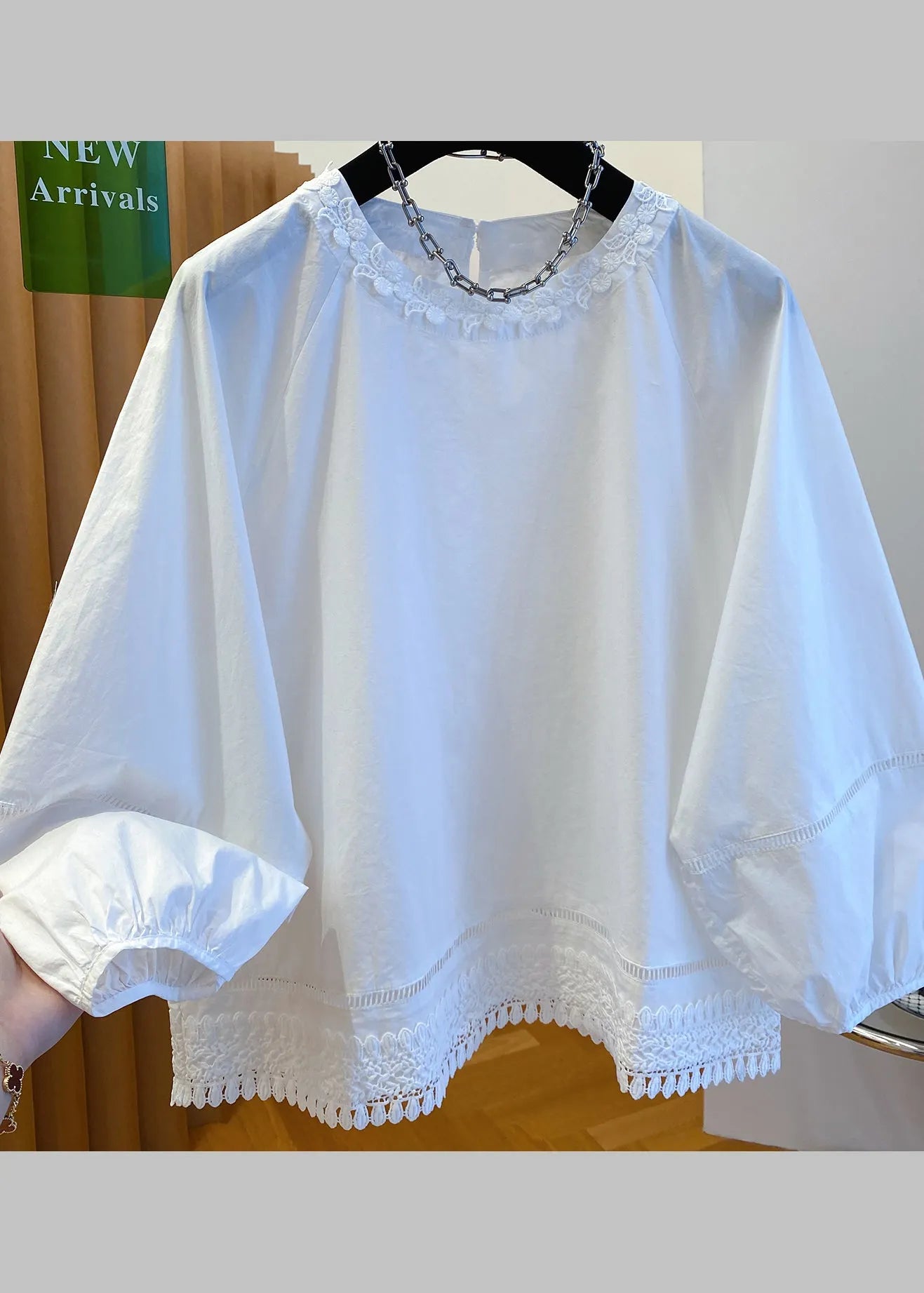 French White O Neck Lace Patchwork Cotton Top Fall