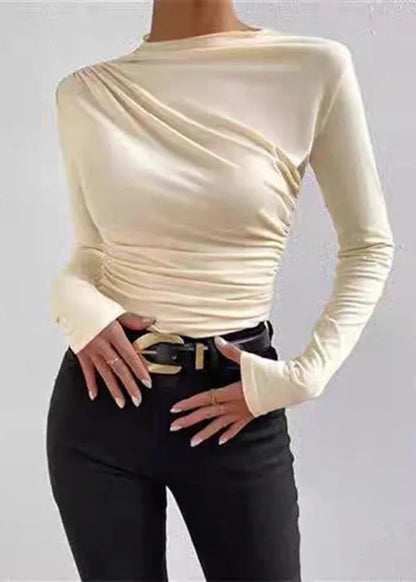 Slim Fit Beige Wrinkled Cotton T Shirts Spring