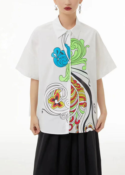 White Peter Pan Collar Print Cotton Blouses Summer