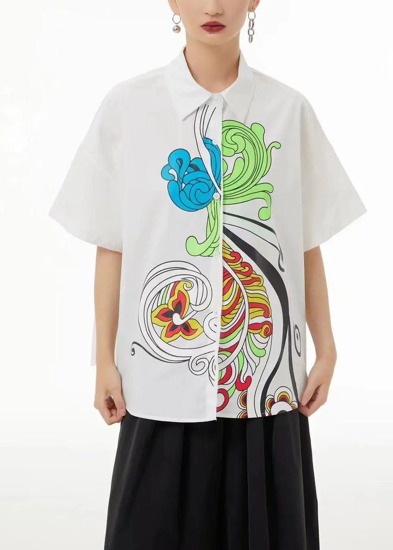 White Peter Pan Collar Print Cotton Blouses Summer