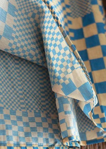 Art Yellow Blue Plaid Tie Waist Dress Summer Linen Dress