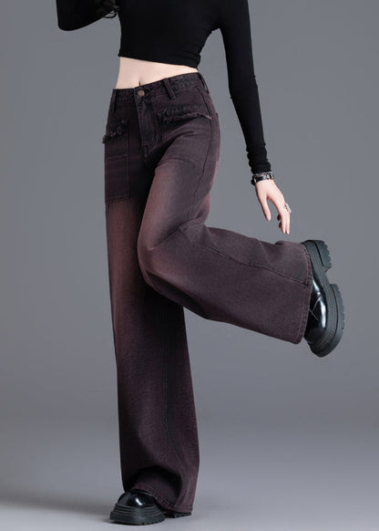 American Style Red Black High Waisted Warm Fleece Denim Wide Leg Pants Spring