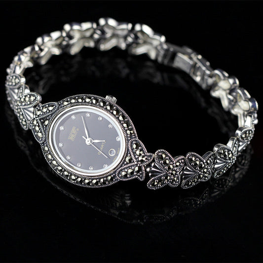 Silk Sterling Silver Inlaid Butterfly Tempered Glass Wrist Watch