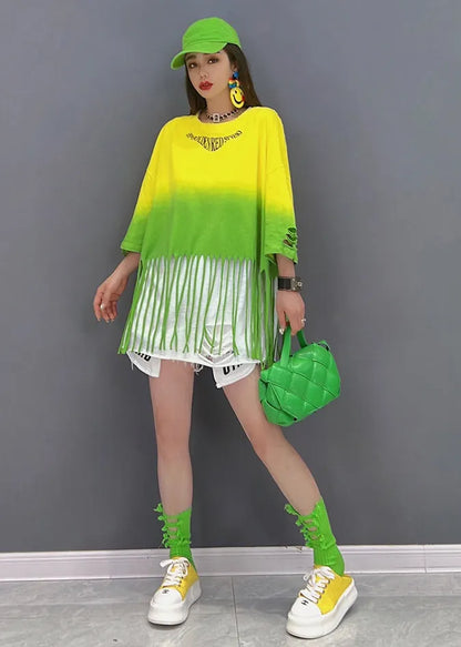 Yellow Blue Gradient Color Hole Patchwork Tassel Cotton Tanks Half Sleeve