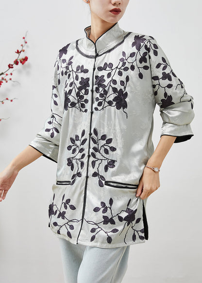 Grey Mandarin Collar Jacquard Silk Shirts Spring
