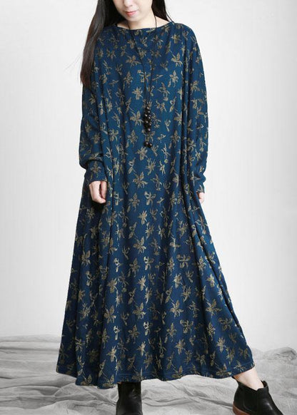 Handmade Blue Print Long Sleeve Fall Dress