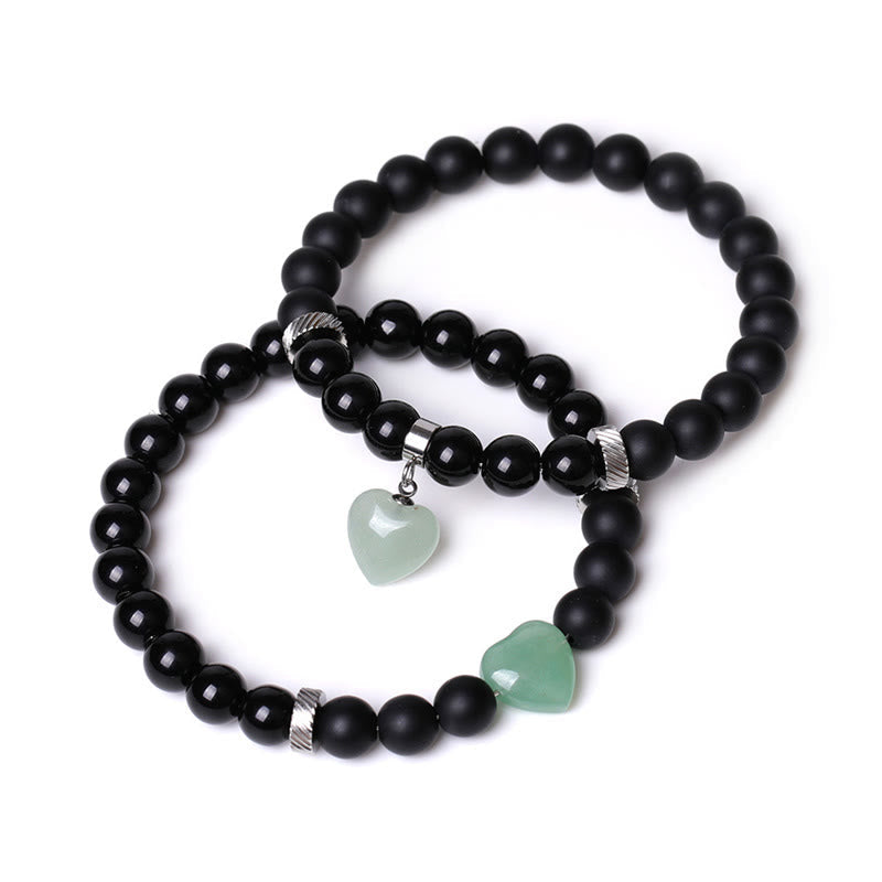 Buddha Stones 2pcs Black Onyx Crystal Stone Love Heart Protection Support Couple Bracelet