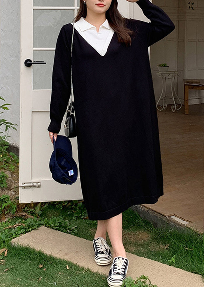 Diy Black Peter Pan Collar Patchwork Cotton Fake Two Piece Dress Fall