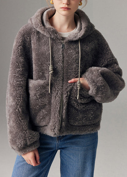 Grey Zippered Drawstring Faux Fur Hooded Coat Lantern Sleeve