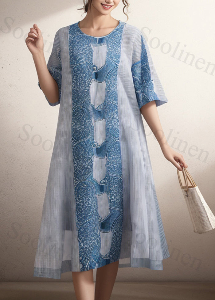 Blue Oversized Print Cotton Dress Summer