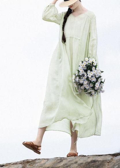 Organic Light Green V Neck Pockets Ankle Summer Linen Dress
