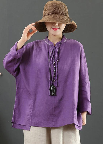 Stand Collar Pockets Spring Blouse Work Outfits Purple Blouse
