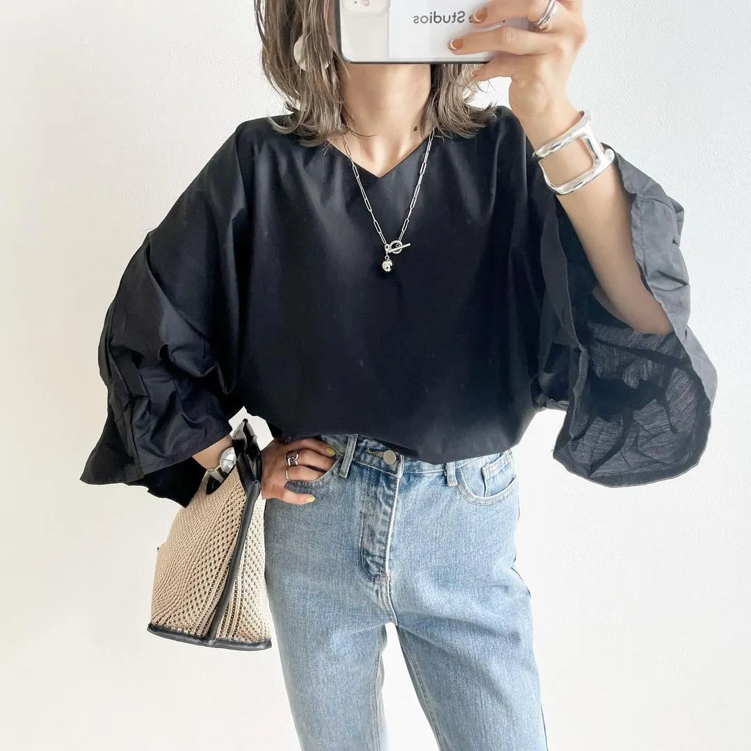 French White Oversized Cotton Shirt Top Lantern Sleeve