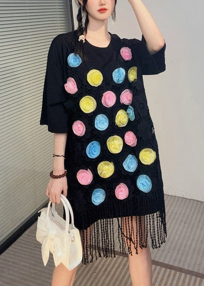 Loose Black O-neck Lace Patchwork Mid T Shirt Dresses Summer