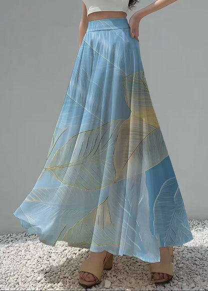 Sea Blue Leaf Print Chiffon Holiday Skirt Fall