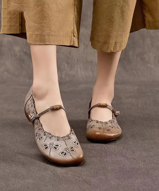 Handmade Cowhide Low Heel One Button Single Shoes