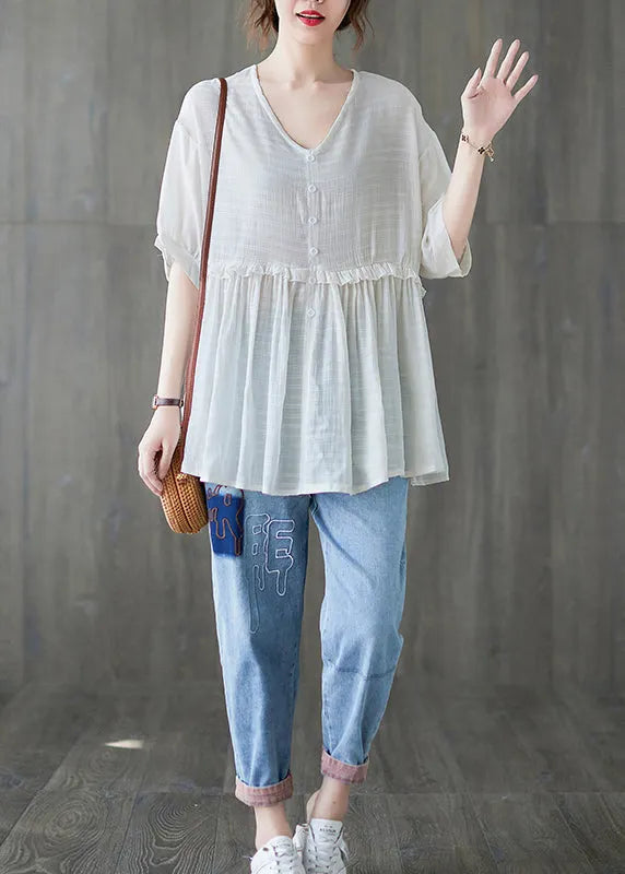 White V Neck Ruffled Tank Tops Short Sleeve