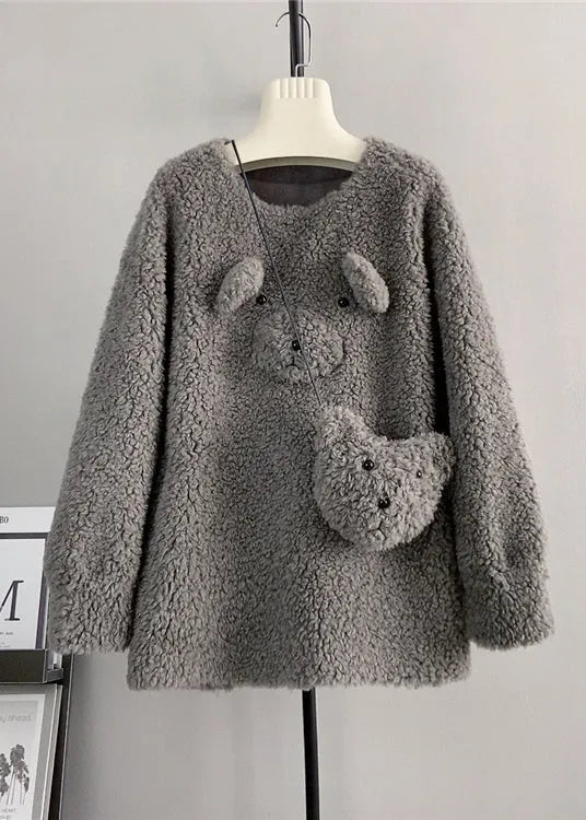Coffee O Neck Wool Loose Teddy Bear Winter Pullover