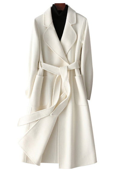 White Notched Tie Waist Woolen Long Coats Fall