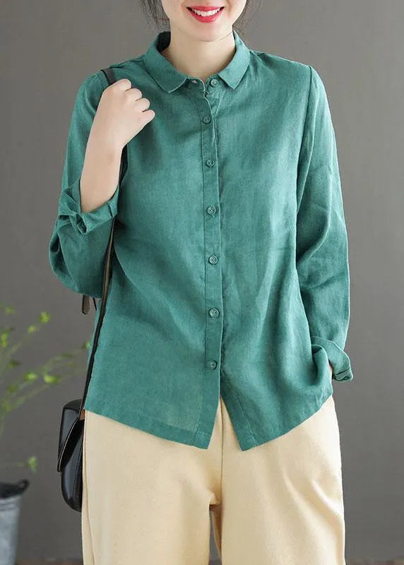 Green Peter Pan Collar Patchwork Summer Linen Blouses Long Sleeve