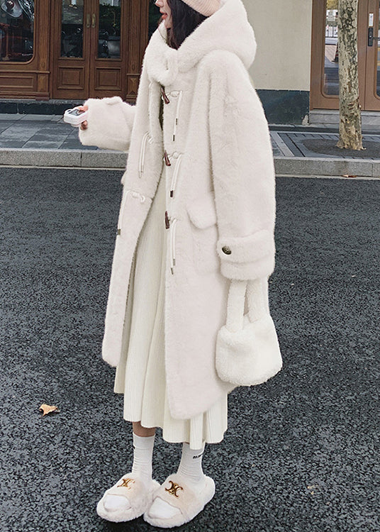 White Hooded Pockets Mink Velvet Coats Spring