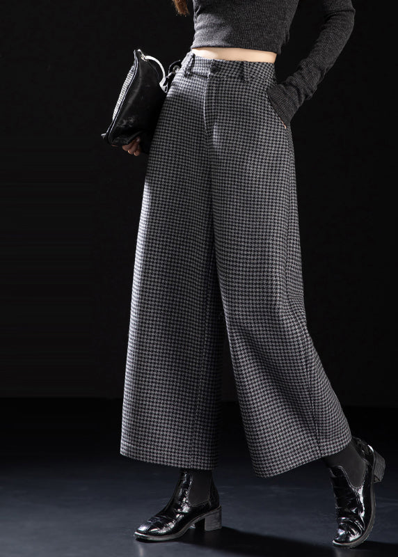 Fitted Grey Plaid Warm Fleece Wide Leg Pants Spring