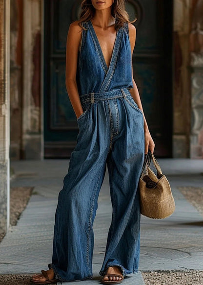 New Blue V Neck Pockets Denim Jumpsuit Sleeveless