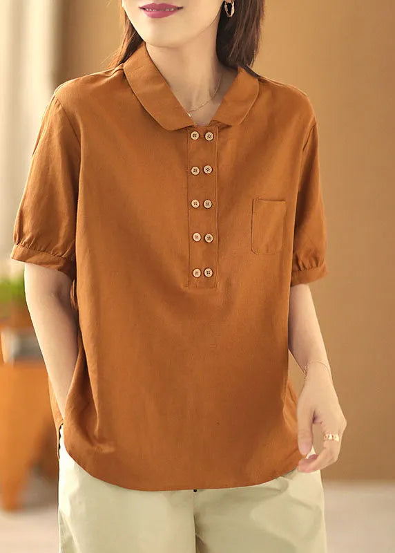 French Orange Color Turn-down Collar Double Breast Cotton Blouses Short Sleeve
