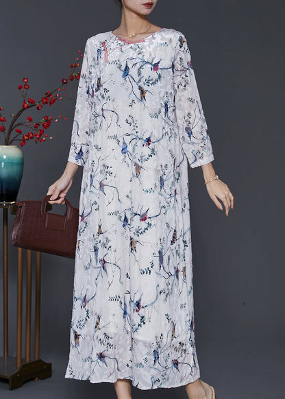 White Chinese Button Print Silk Velour Dress Spring