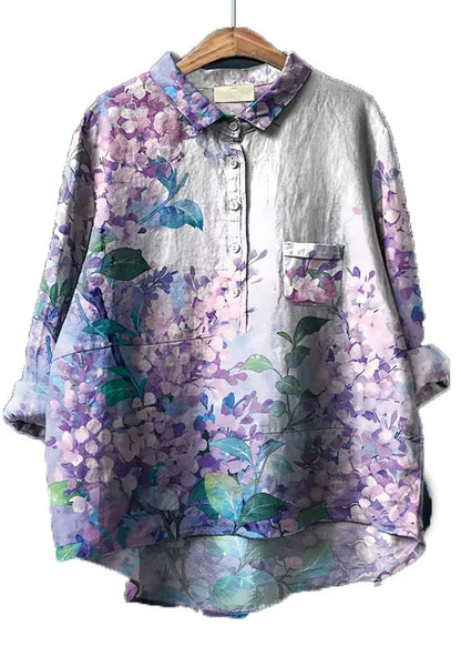 Purple Oversized Print Linen Shirt Top Spring