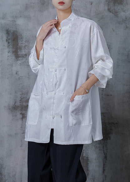 White Oversized Jacquard Silk Blouse Top Spring