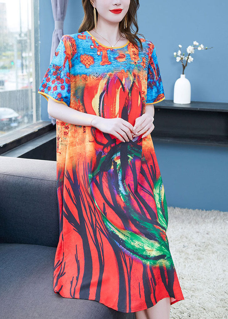 Colorblock O Neck Print Patchwork Chiffon Dresses Summer