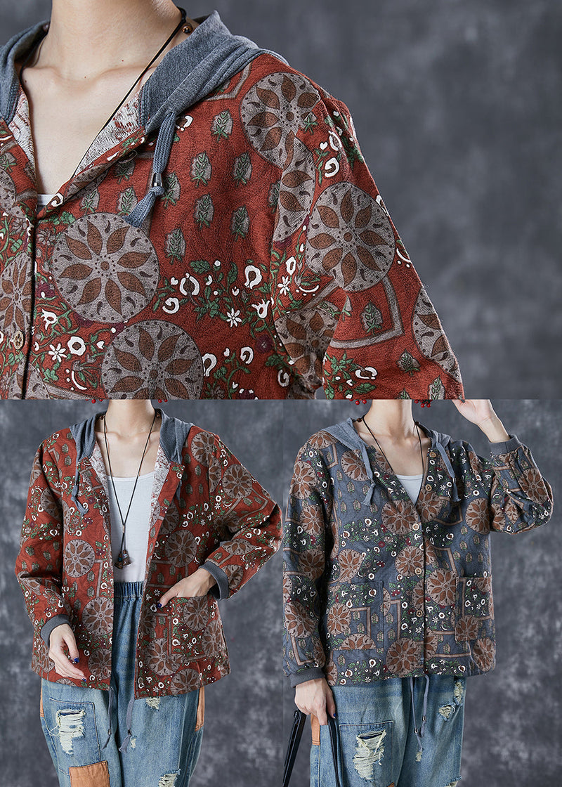 Orange Red Hooded Print Cotton Jacket Fall