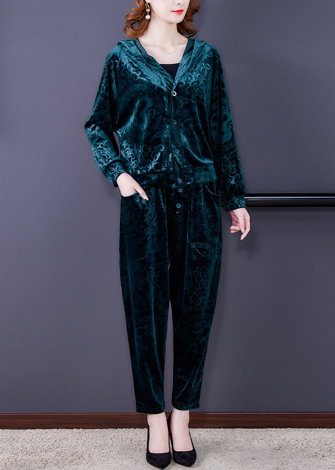 Green Zip Up Silk Velour Coats and Harem Pants Two Pieces Set Long Sleeve Spring