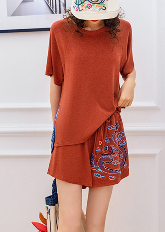 Brief Red Embroideried Knit Top and Shorts Two Pieces Set Summer