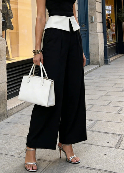 Black High Waist Patchwork Spandex Wide Leg Pants Spring