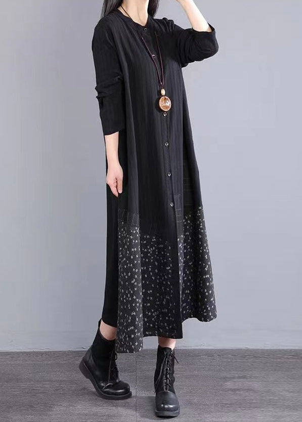 Black Stand Collar Button Patchwork Cotton Dress Fall