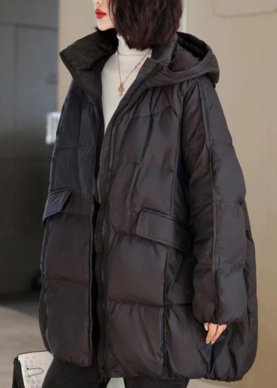 Natural Black Stand Collar Pockets Hooded Puffer Jacket Winter