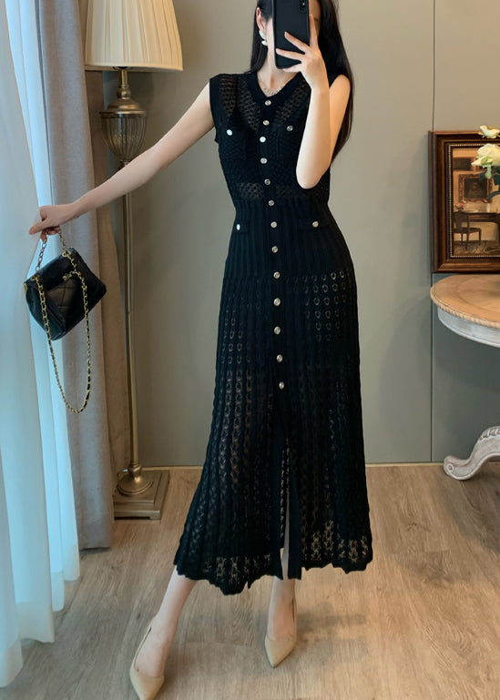 Black Hollow Out Single Breasted Buttons Knit Long Dress Sleeveless