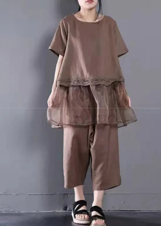 Loose Baggy Chocolate O-neck Top and Crop Pants Two Pieces Set Summer