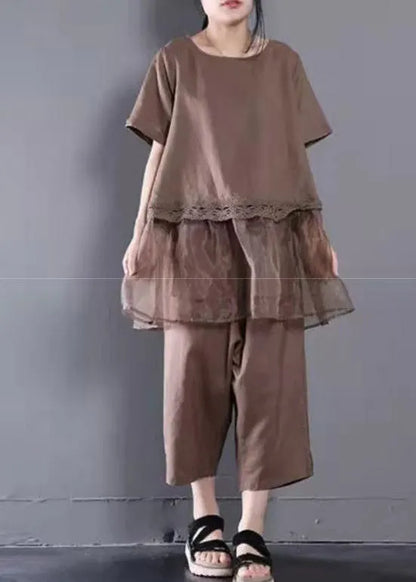 Loose Baggy Chocolate O-neck Top and Crop Pants Two Pieces Set Summer