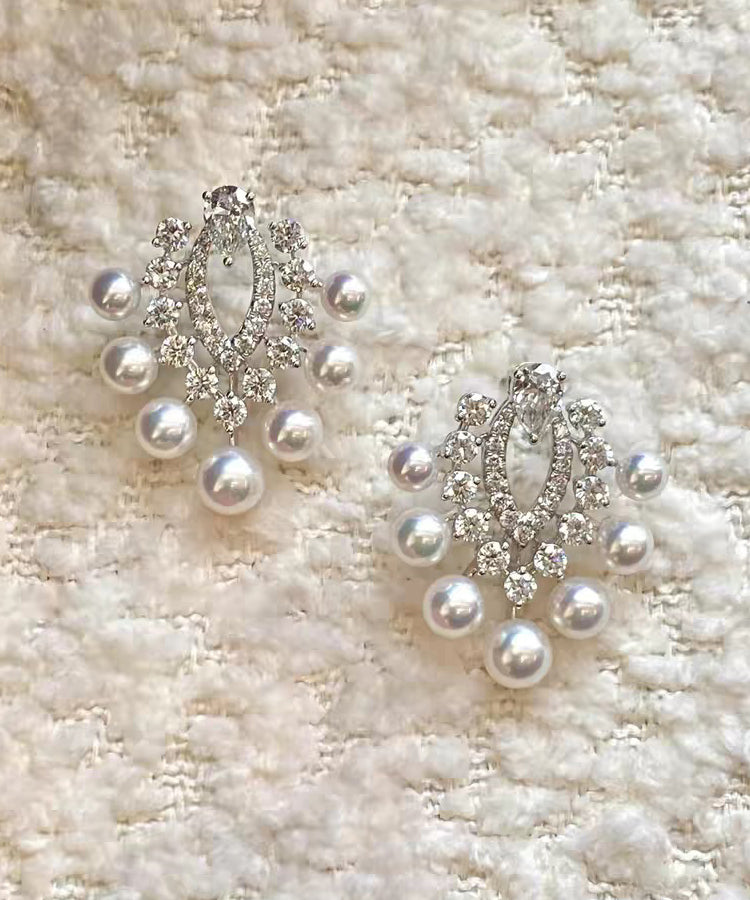 White Copper Zircon Pearl Stud Earrings