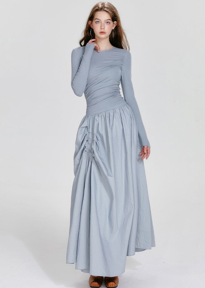 French Black O-neck Asymmetrical Wrinkled Maxi Dresses Spring