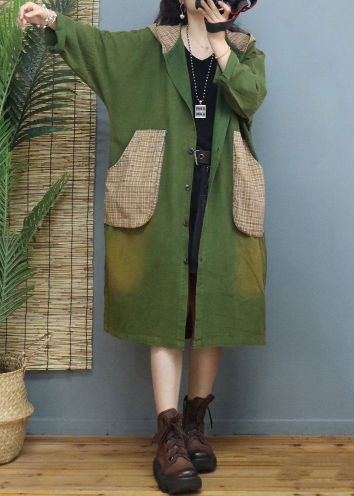 Green Plaid Pockets Patchwork Cotton Coats Fall