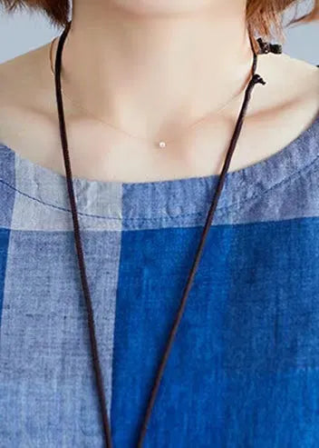 Blue Low High Design O-neck Plaid Linen Top Long Sleeve