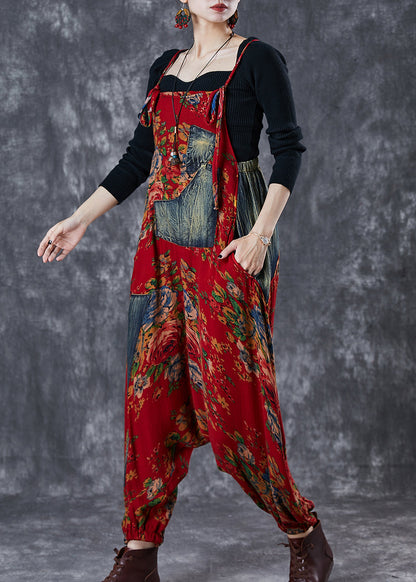 Red Asymmetrical Patchwork Cotton Overalls Jumpsuit Summer