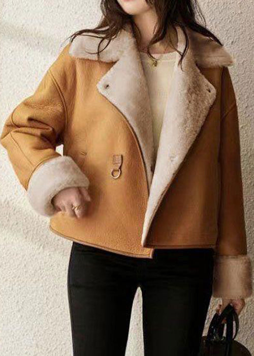 Camel Peter Pan Collar Pockets Warm Fleece Faux Suede Coat Long Sleeve