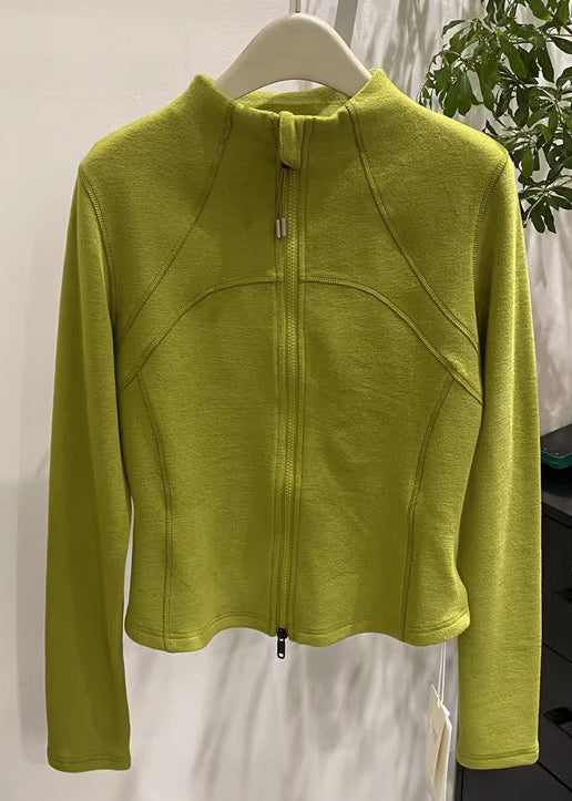 Organic Green Stand Collar Zippered Velour Coats Spring