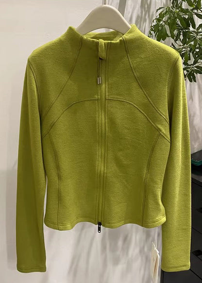 Organic Green Stand Collar Zippered Velour Coats Spring